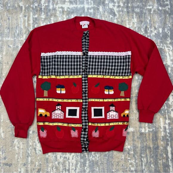 Vintage Handmade Jerzees Teacher School Button Up Cardigan Sweatshirt Large 90’s - Picture 1 of 8